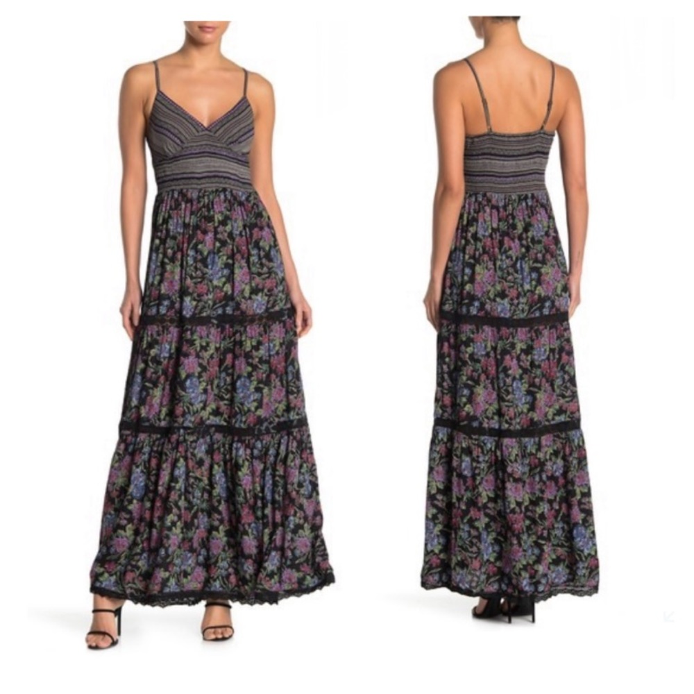 Black Floral Tiered Crochet Boho Maxi Dress